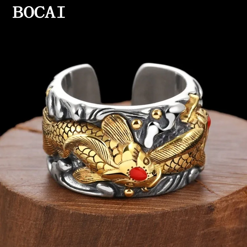 BOCAI Real S925 Silver Retro Fashion Wealth Fish Koi Carp Open Ring Men and Women