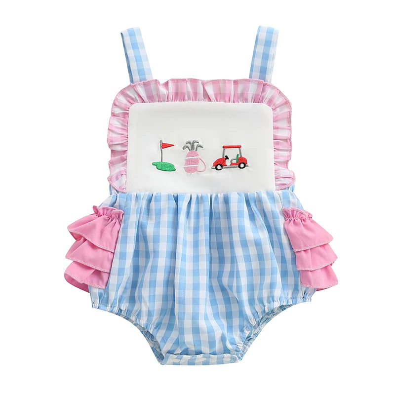 

Baby Girl Summer Romper Sleeveless Golf Embroidery Plaid Bodysuit Newborn Playsuit
