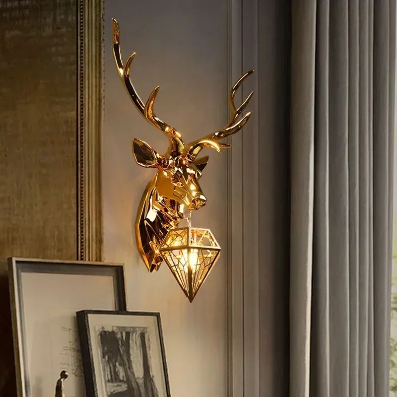 #Retro Deer Antlers Deer Heads Wall Lamp Personalized American Art Rural Style Creative Living Room