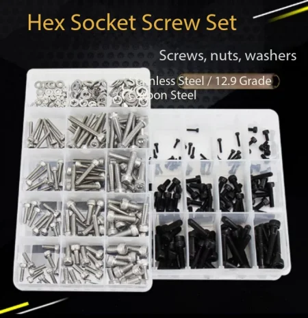 304 Stainless Steel Hex Socket Bolt Nut Washer Assortment Kit, 12.9 Grade Hexagon Socket Cap Head Screws 24 Grid Large Box Set
