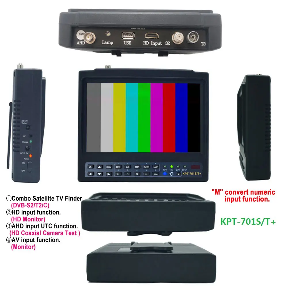 KPT-701S/T+ جهاز كشف الأقمار الصناعية المحمول IPS مقاس 7 بوصات (S2+T2+C) وشاشة HD وCCTV (مع إدخال TV + HD + AHD + AV)