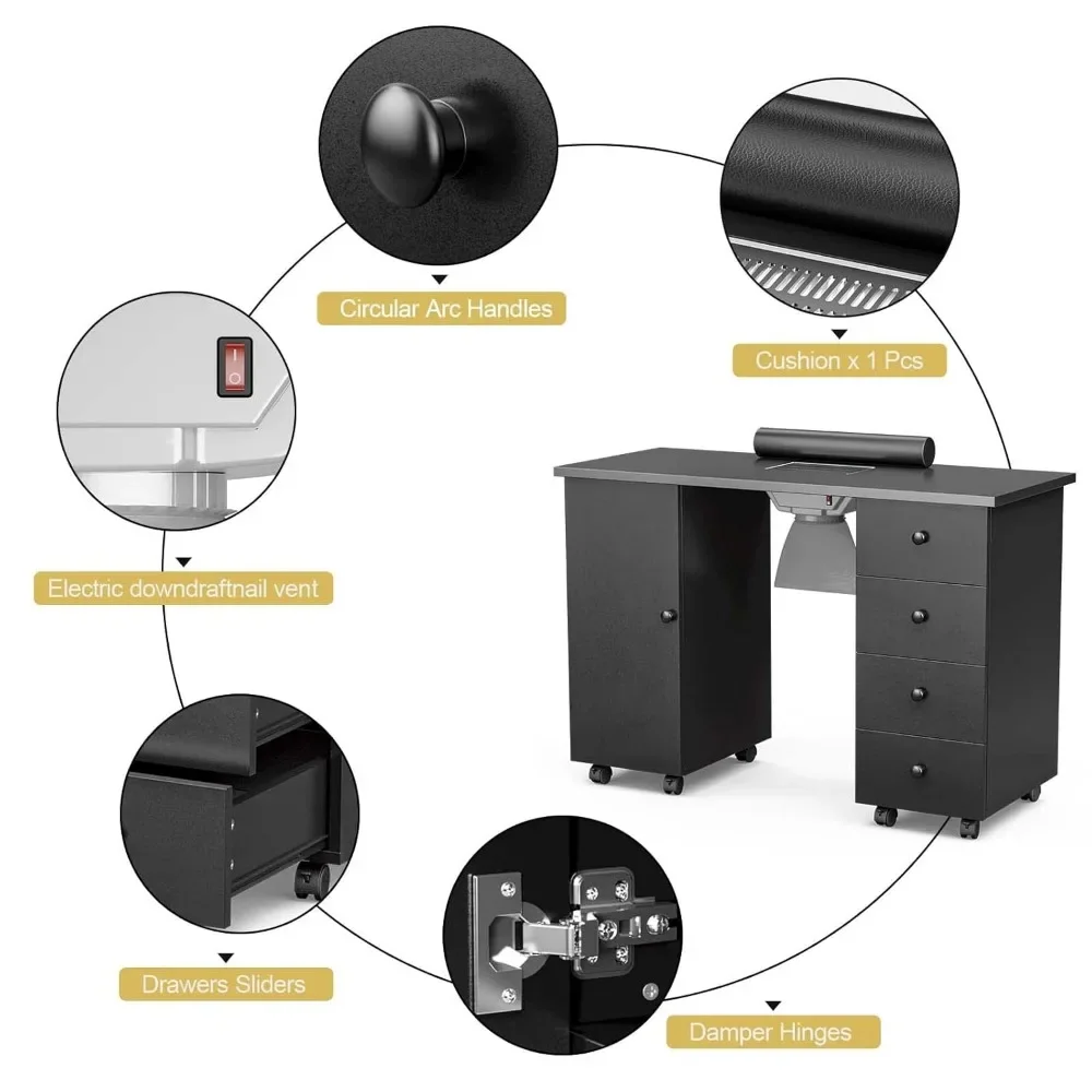 Stół do manicure Stacja do paznokci, stacja robocza na biurko do paznokci Sprzęt do zdobienia paznokci z odpylaczem, poduszka na nadgarstek, zamykane koła, (czarny)