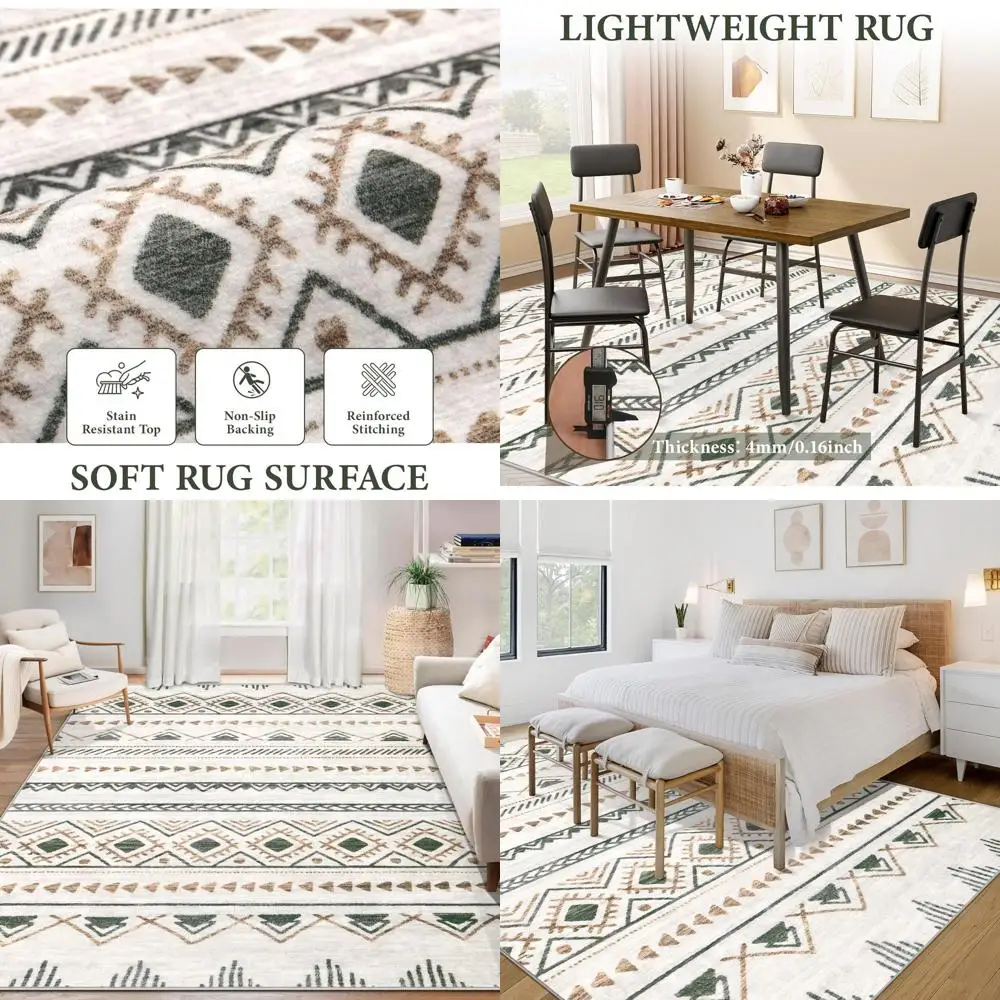 

6x9 Boho Moroccan Area Rug - Large Washable Neutral Geometric Carpet, Non-Slip Foldable Modern Farmhouse Style for Living Room,