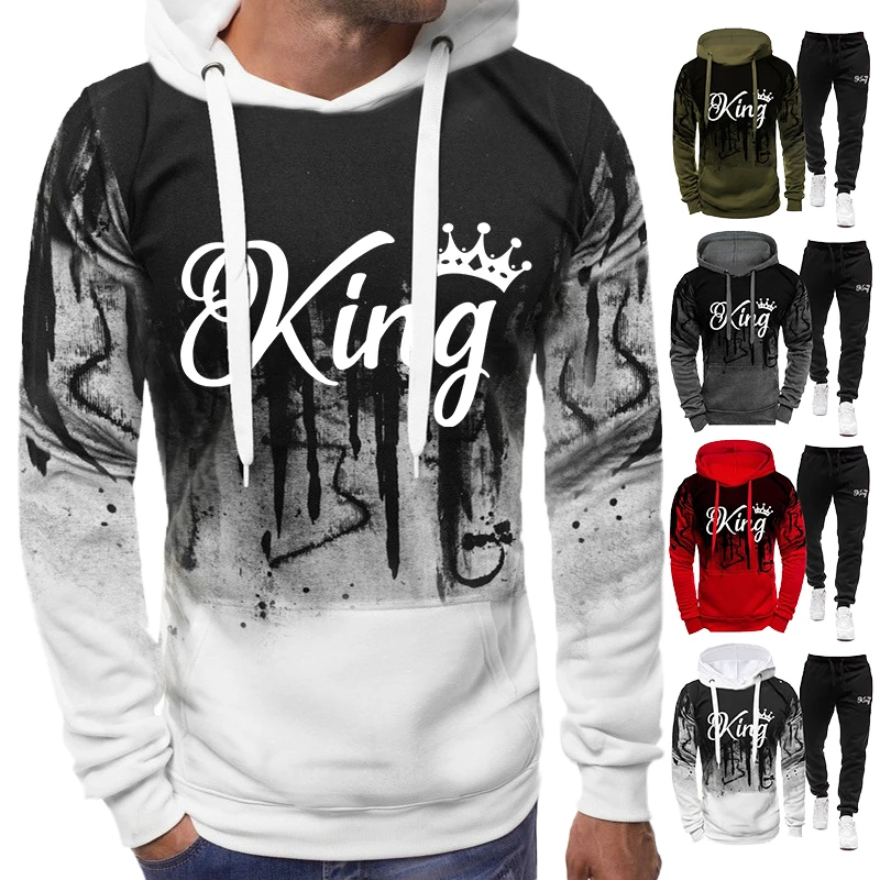 Autumn and winter fashionable printed sportswear men's splashed ink hooded sweater two-piece long sleeved jogging suit