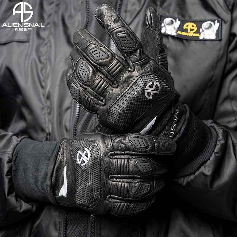 ALIEN SNAIL Genuine Leather Motorcycle Gloves Shockproof Wear-Resistant Full Finger Gloves Touch Screen Riding Motocross Gloves