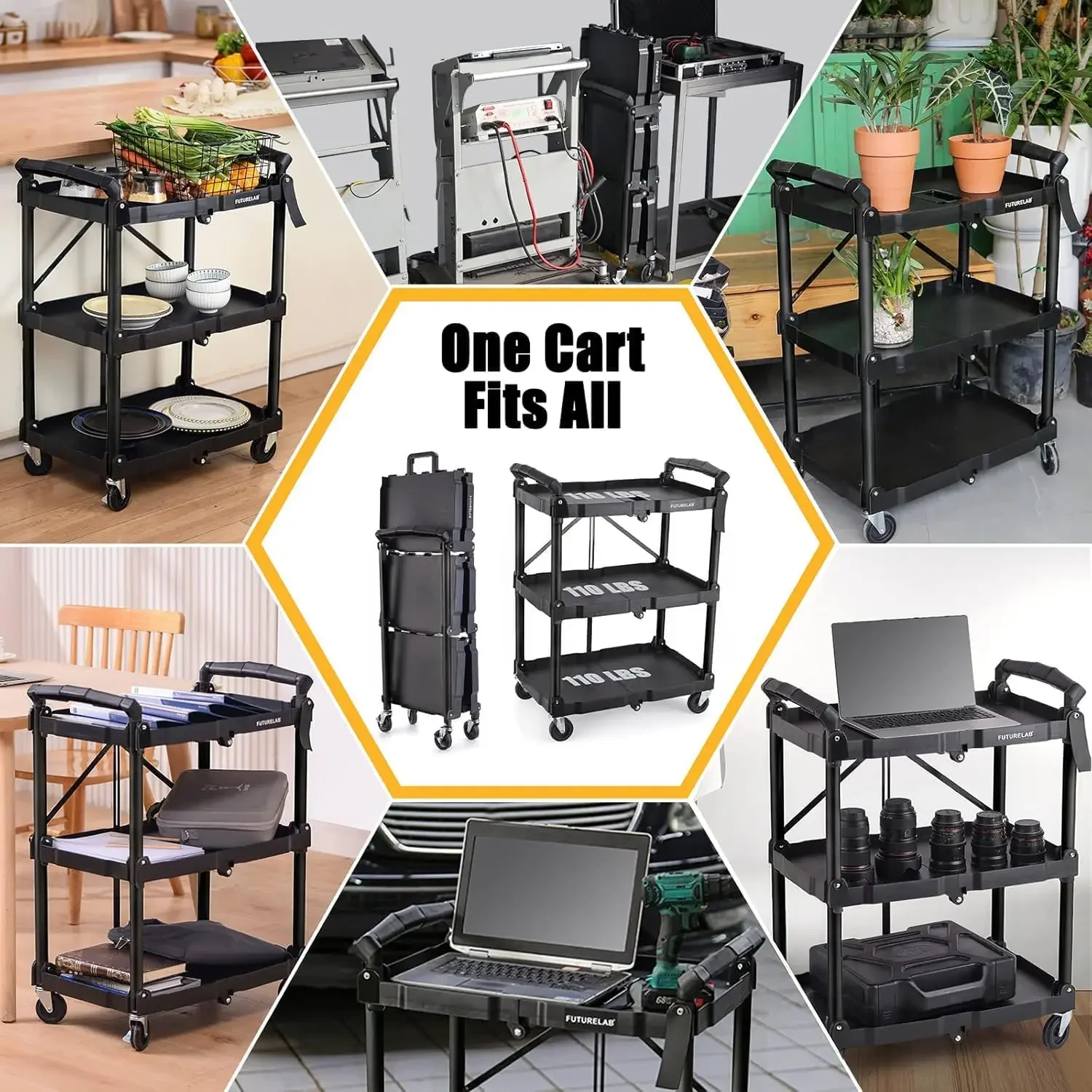 Portable Folding Service Cart - 3 Tier 330LBS Capacity - Rolling Utility Foldable Cart with Wheels for Warehouse Home