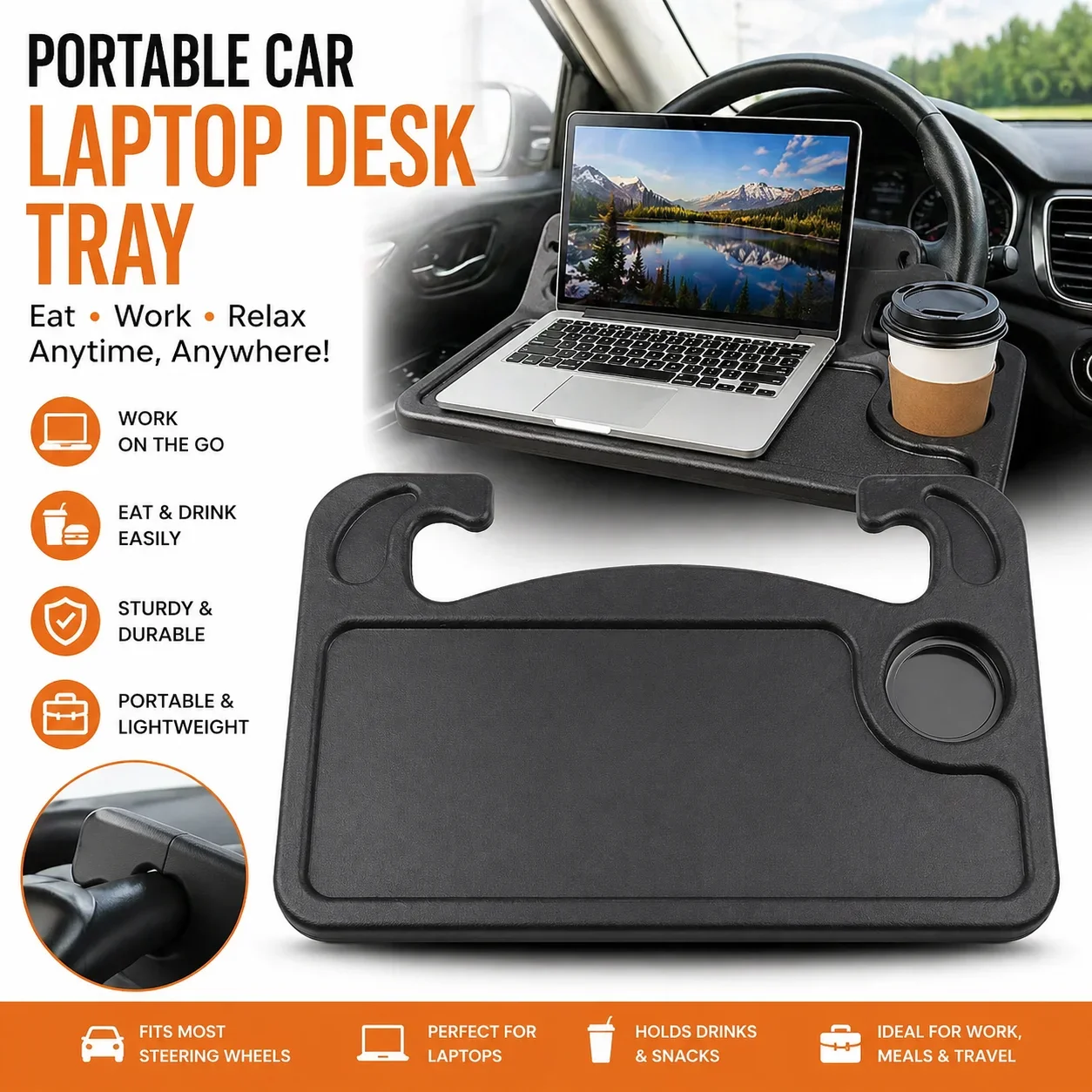 Portable Car Laptop Computer Desk Mount Stand Eat Work Car Steering Wheel Dining Table Bracket Drink Food Coffee Tray Board