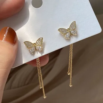 Requintado borboleta longa borla brincos duas maneiras de usar strass gota brincos para festa de casamento feminino jóias meninas presentes