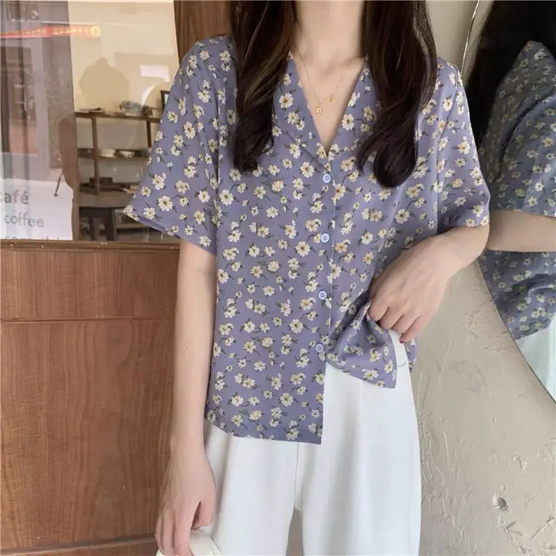 Short Sleeve Shirts Women Floral Notched Chiffon 3XL Females Lightweight Casual Summer Ladies Tops Streetwear Camisas De Mujer