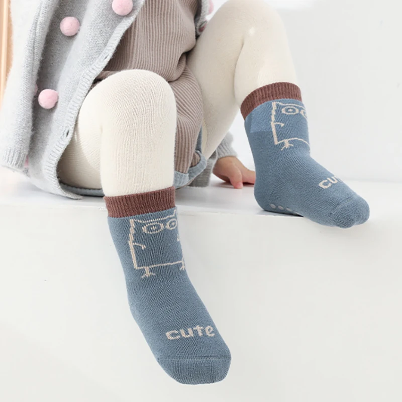 2 Pairs Baby Socks Autumn Winter Pure Cotton Plush Thick Non Slip Newborn Kids Sock Cartoon Middle Tube Children Floor Sock