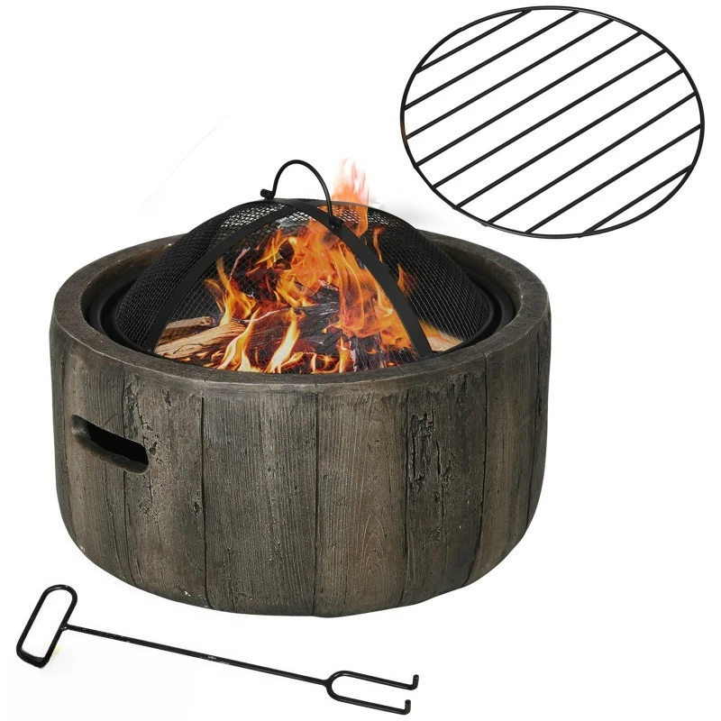 

Rustic Stump Wood Burning Fire Pit Portable Outdoor Fire Bowl with Spark Screen Lid Poker and Charcoal Grate for Patio Backyard