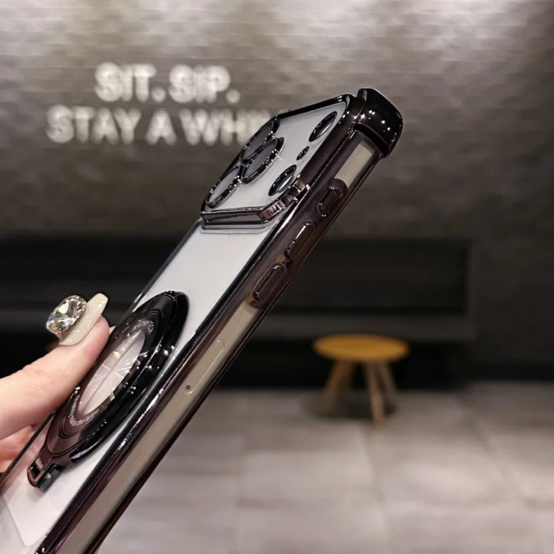 Luxury Plating Border Four Corner Anti Drop Bracket Ring  Phone Case For iPhone 17 Pro Max Air HD Transparent Bumper Back Cover