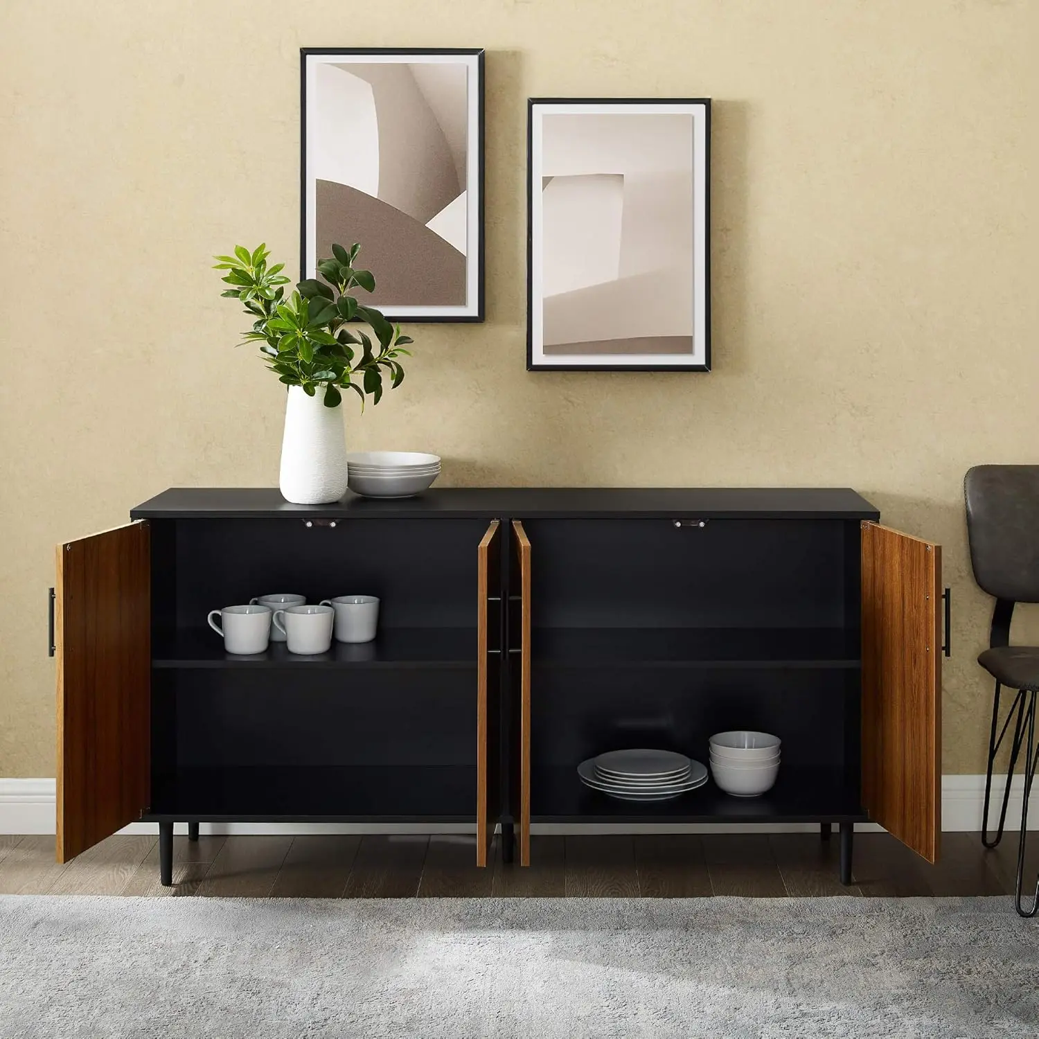 Modern 4-Door Bookmatch Buffet-Sideboard for Storage, 58 Inch, Acorn Bookmatch/Black