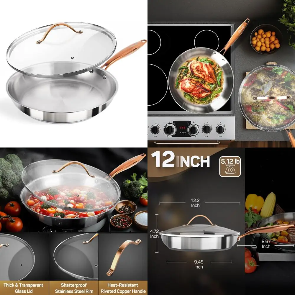 

Professional Quality 12 Inch Tri-Ply Stainless Steel Frying Pan with Lid, Suitable for All Stoves, Ovens, and Dishwashers, Skill