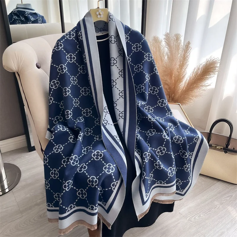 Double-Sided Luxury Brand Print Winter Scarf Cashmere Thicken Warm Women Shawl Pashmina Female Foulard Wrap HIjab Neckerchief