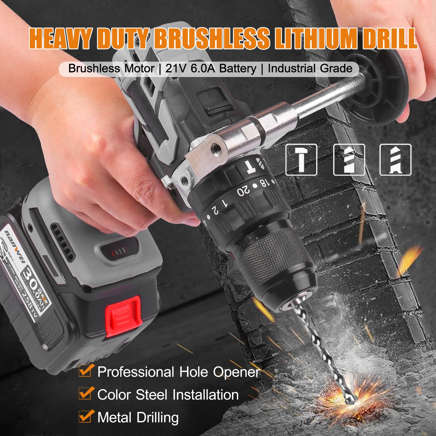 

21V Cordless Drill Driver Maximum Torsion 200N.m 1/2 Inch Metal Keyless Chuck 0 to 1550RMP Variable Speed Impact Hammer Drill