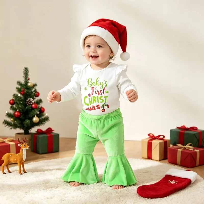Conjunto de Ropa para Bebé Niña Recién Nacida para su Primera Navidad: Top Blanco con Volantes, Pantalones Verdes de Campana y Gorro de Santa, 0-24 Meses