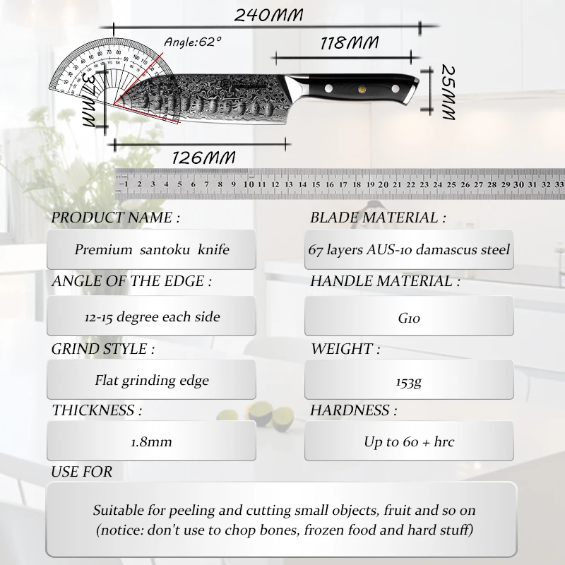 Imagem -06 - Santoku-faca de Cozinha Japonesa de Aço Damasco Aus10 67 Camadas Alto Carbono Aço Inoxidável Chef Cozinhar Ferramentas 5