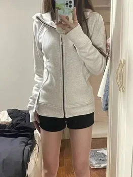 Deeptown-Sweat à Capuche Vintage Américain pour Femme, Streetwear de Style Coréen, Gris, Fermeture Éclair, Décontracté, Slim, Y2k