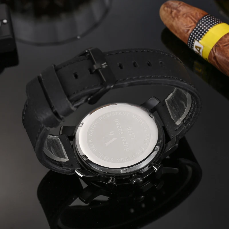 Relógio de quartzo personalizado masculino, display analógico, marrom, preto, pulseira de couro, relógio de pulso masculino, data, moda casual, V6, L176