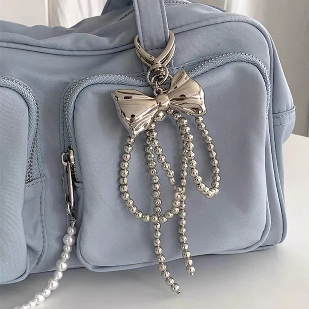 Llavero con cuentas de perlas y lazo, colgante para bolsa de teléfono, decoración de Bowknot, llavero estético Y2K, soporte para bolso, accesorios colgantes