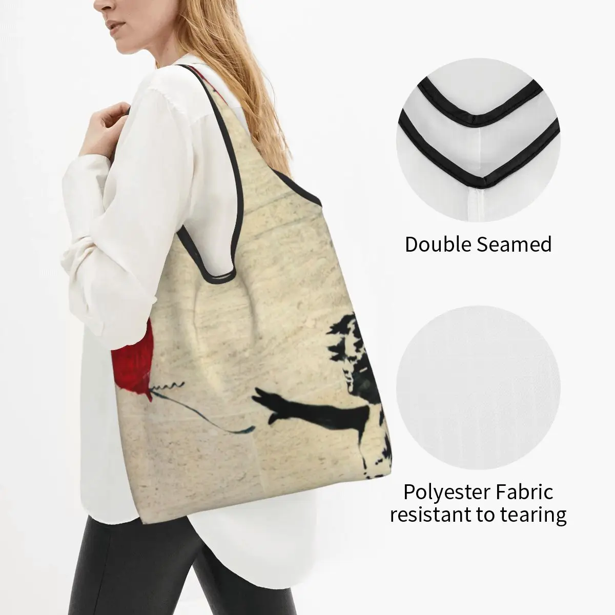 Kawaii Graffiti Artist Banksy Shopping Tote Bags Portable Girl With A Balloon Grocery Shopper Shoulder Bag