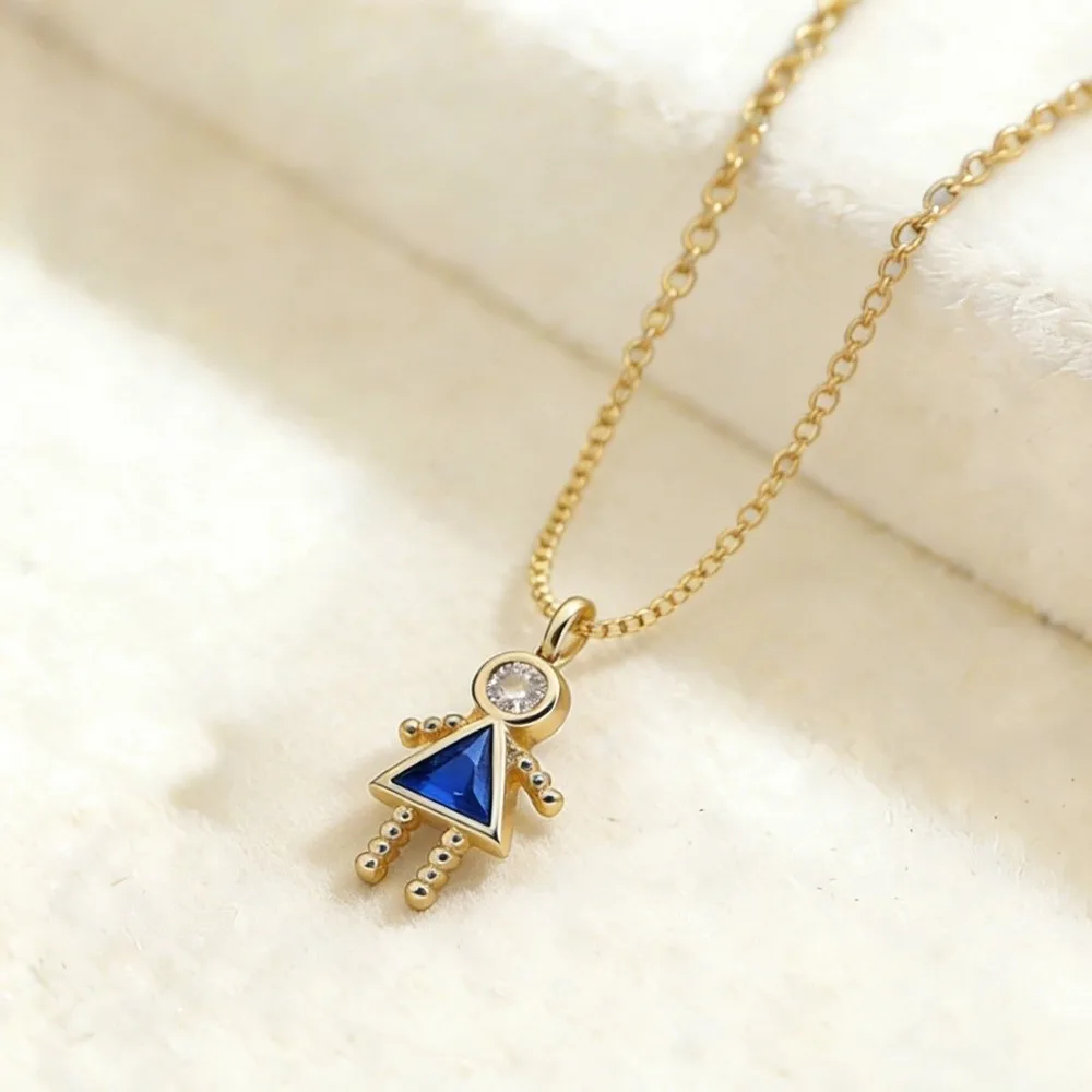 New Cute Birthstone Child-Shaped Necklace Copper Gold Color Couples Collar Personalized Zircon Long Chain Choker Gift