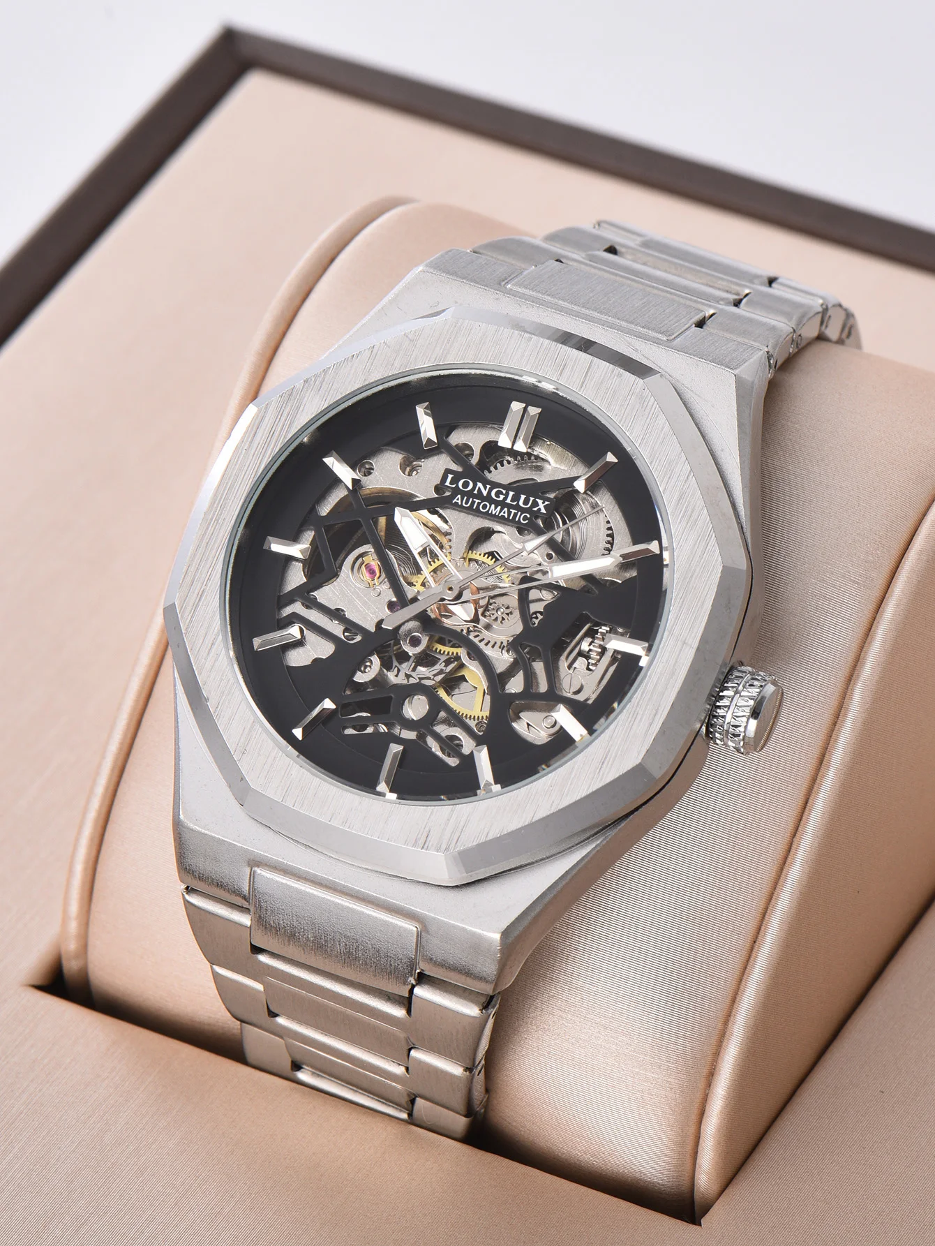 Reloj automático LONGLUX para hombre, reloj mecánico de esqueleto resistente al agua, estilo alienígena, de acero inoxidable, ideal para regalo.