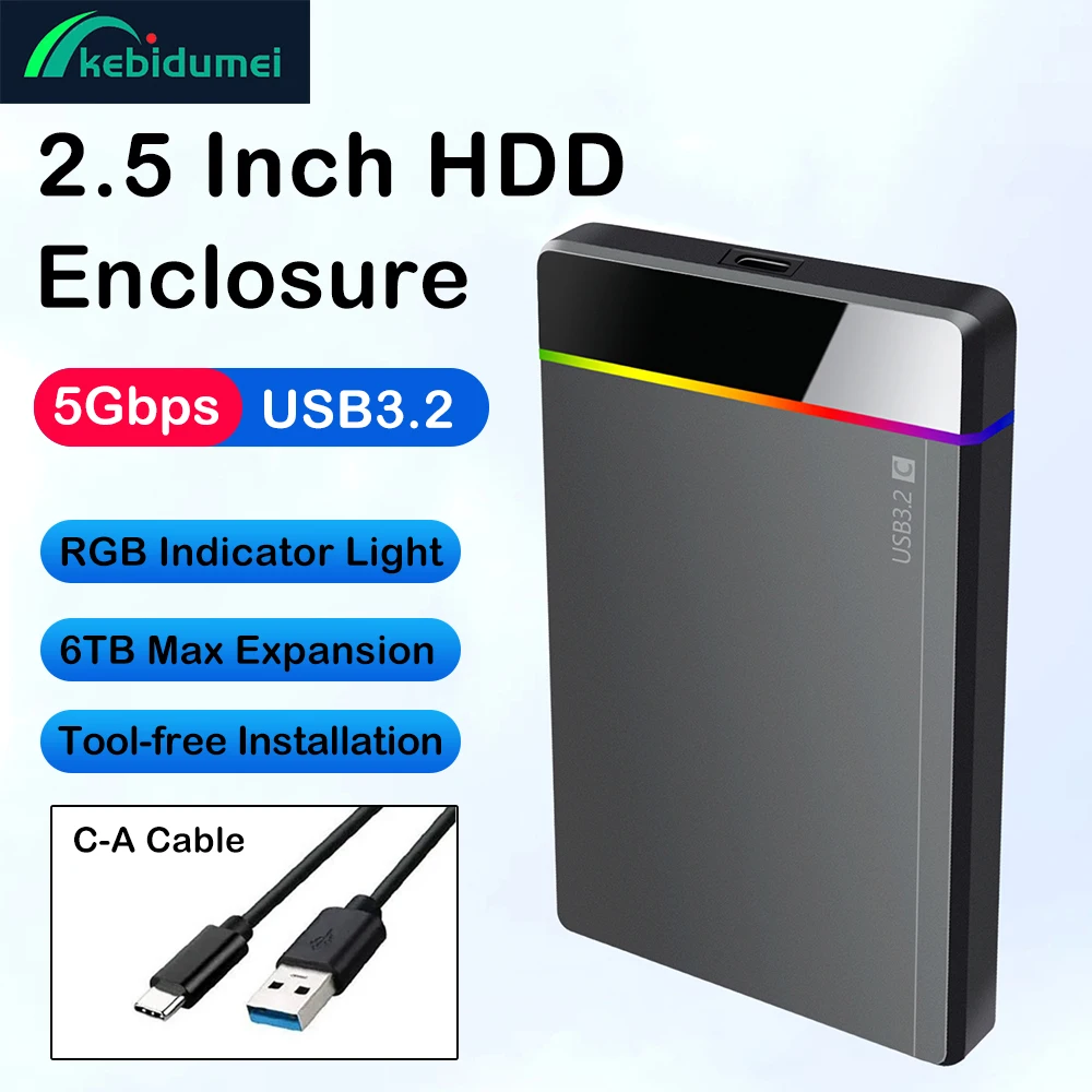 

2,5-дюймовый жесткий диск USB3.2 Портативный внешний корпус жесткого диска SATA для ноутбука Настольный инструмент Бесплатная установка RGB Cool Indicator