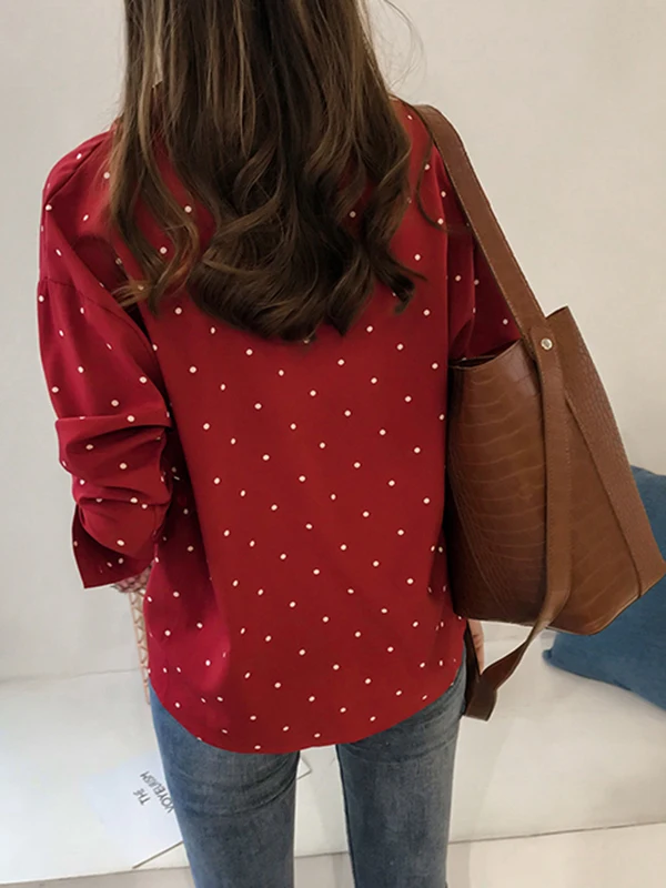 Polka Dot Print Loose V-Ne Long Sve Chiffon Top Street Sle Loose Fit irt for Women 8-24 Years Old Spring Season