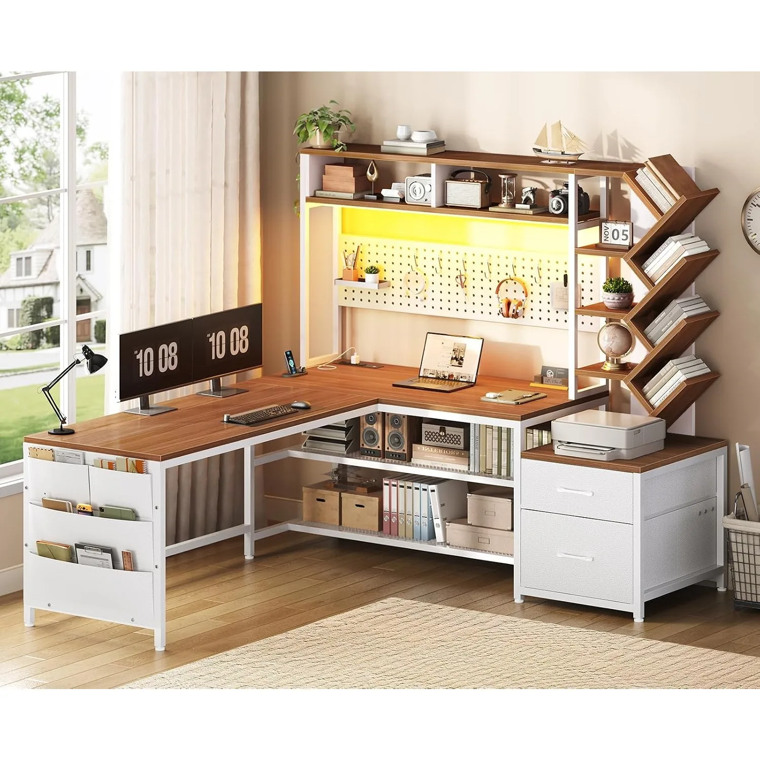 L Shaped Office Desk with Drawers and Hutch, Convertible 97.6
