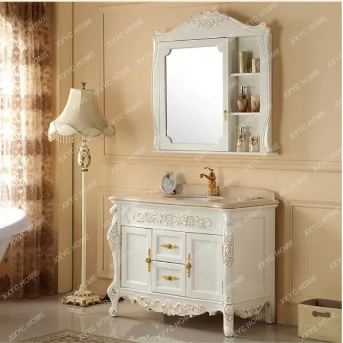 Antique European-Style Bathroom Cabinet Combination Solid Wood Bathroom Mirror Cabinet Oak Floor-Standing Hand Washing