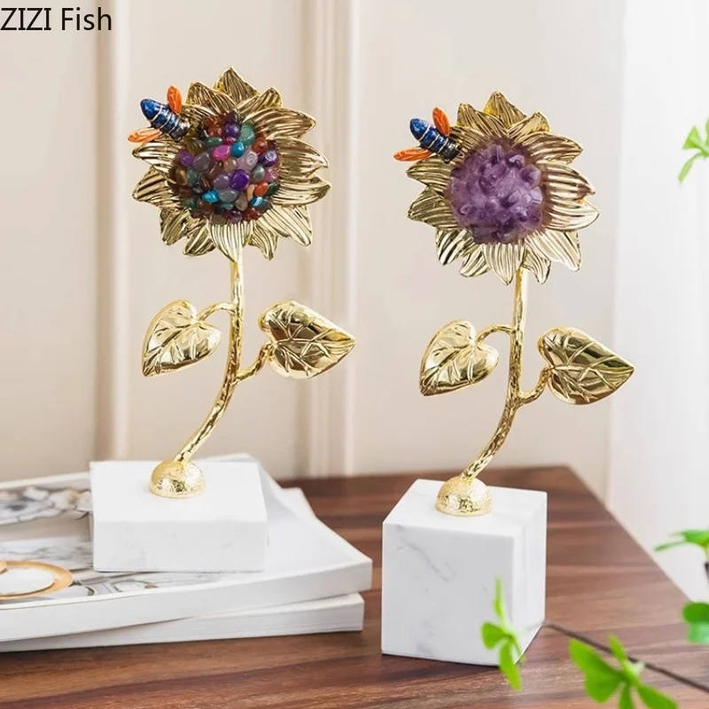 

Crystal Brass Sunflower Ornament Marble Base Flower Sculpture Living Room Display Statue Home Furnishing Decoration Miniatures