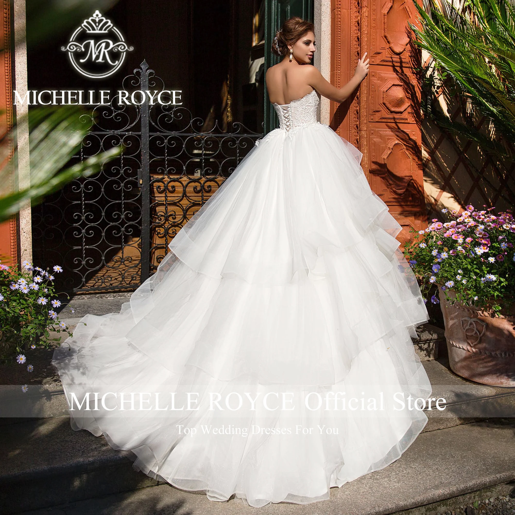 Michelle Royce Ball Gown Wedding Dress Elegant High-end Strapless Appliques RUFFLES Modern Wedding Gown Vestidos Novias De Saten