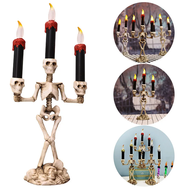 Halloween Skeleton Candlestick Ghost Festival Horror Decoration Props LED Candle Table Lamp Light Pumpkin Lantern Skull Ornament