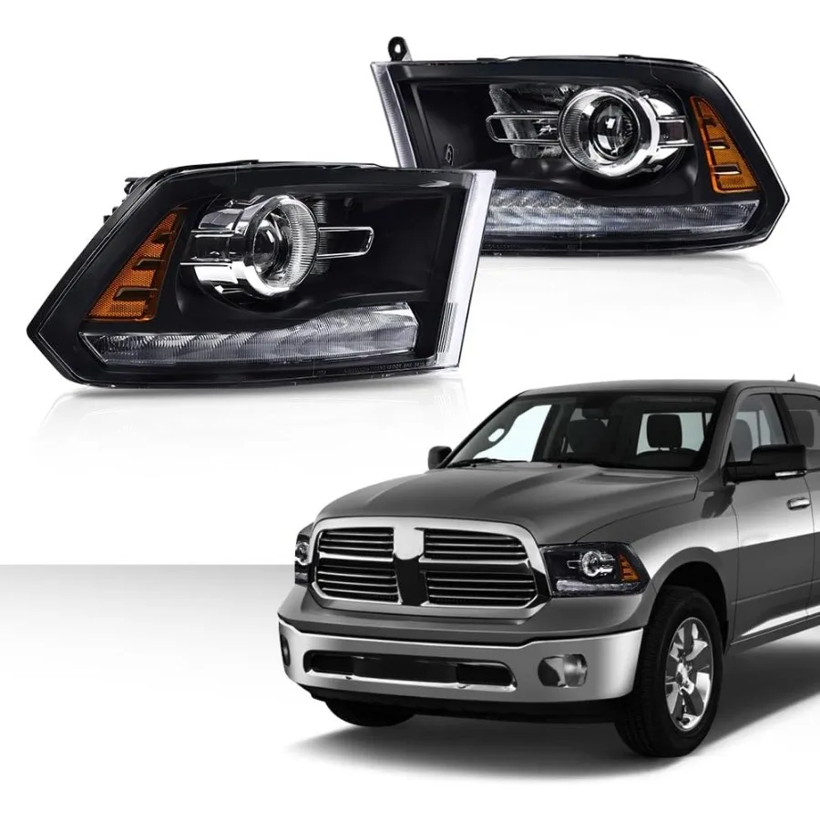 

LED Bar Plank Style Headlights Assembly Headlamps w Bulbs Compatible With 2013-2018 Dodge Ram 1500 2500 3500 Clear Lens Black Ho