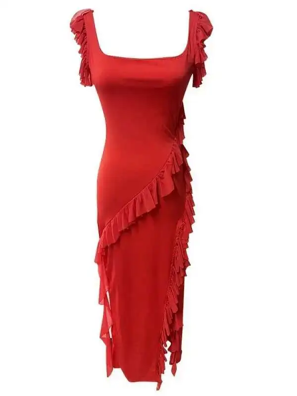 WOMENGAGA Sexy Spicy Girl Nightclub High Split Ruffle Dress Elegant Red Long Dress Slim Dress Girl Fashion Robe Womne Tops N93U