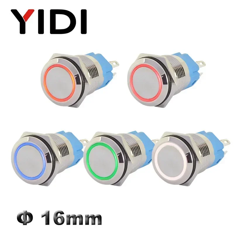 Customized 16mm LED Illuminated Flat Metal Push Button Switch On Off Latching 1NO1NC Momentary 12V 220V Red Green Led Switch