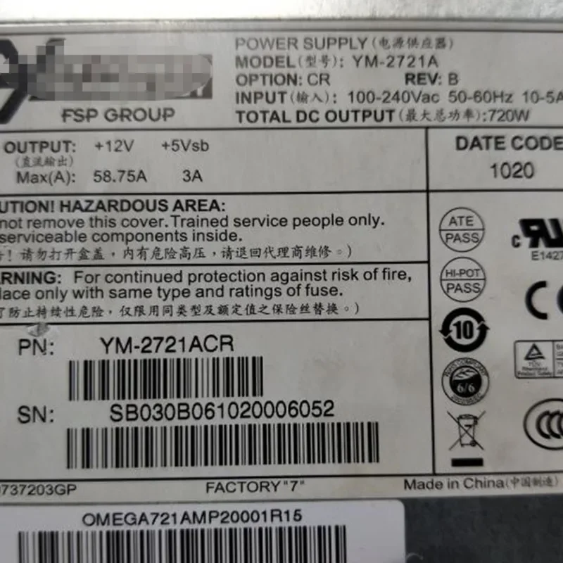 Imagem -03 - Adaptador Original do Poder do Servidor Ym2721a Rev:b 12v 5v 58.75a 3a Interruptor do Servidor Redundante Adaptador do Poder 720w