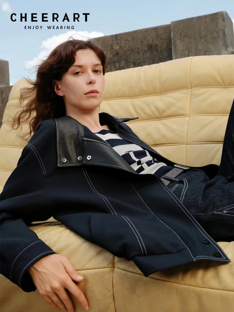 

CHEERART Topstitching Designer Stand Collar Denim Jacket Woman Clothing Zip Up Coat Jeans Jackets Autumn Winter 2025 Outwears