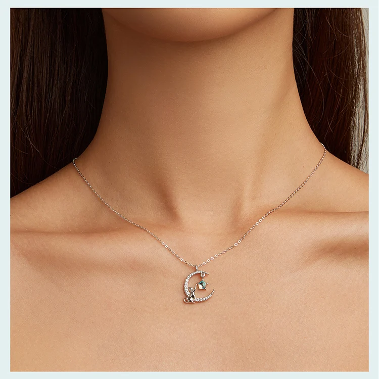 WOSTU 925 Sterling Silver Cute Cat Moon Pendant Necklace For Women, reamy Moonstone Zircon Charm Necklaces Special Gift For Her