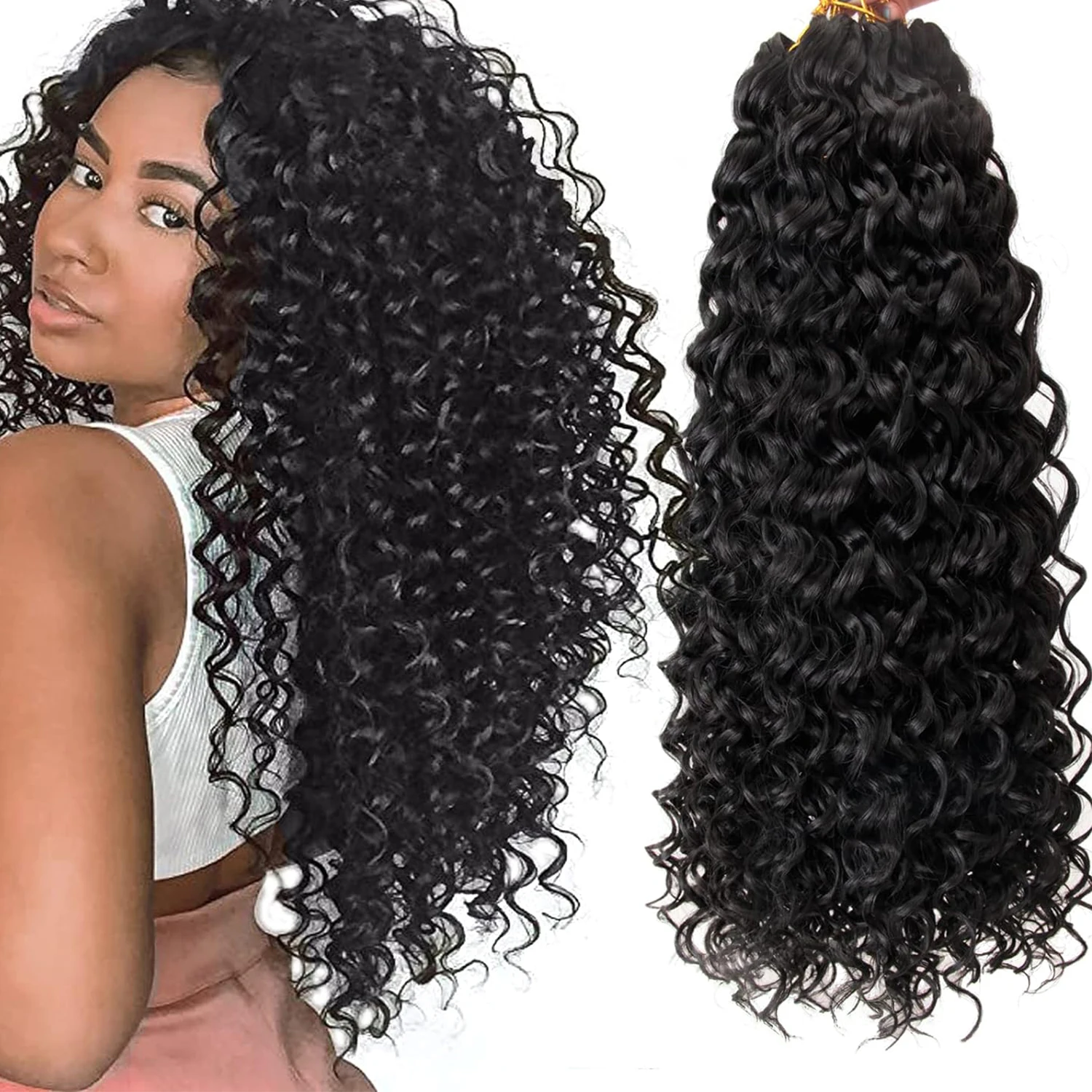 Capelli all'uncinetto con ricciolo GoGo naturale da 10/14/18/22 pollici, riccioli da spiaggia di colore nero naturale, capelli all'uncinetto, onda d'acqua Go Go Go sintetico