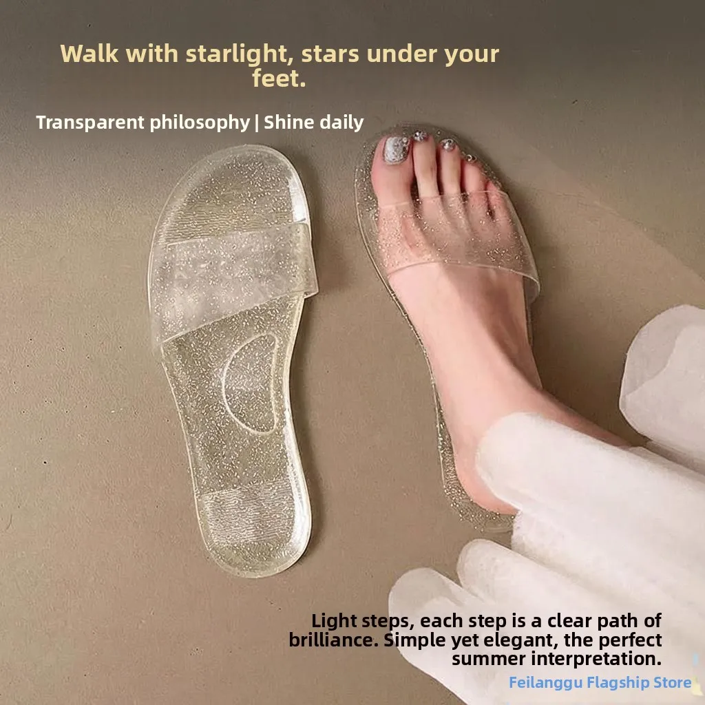 

Flat Bottom Slippers Women's 2026 New Home Use Fashion Fairy Cool Sandals Outdoor Wear Transparent Crystal One-Strap Slippers