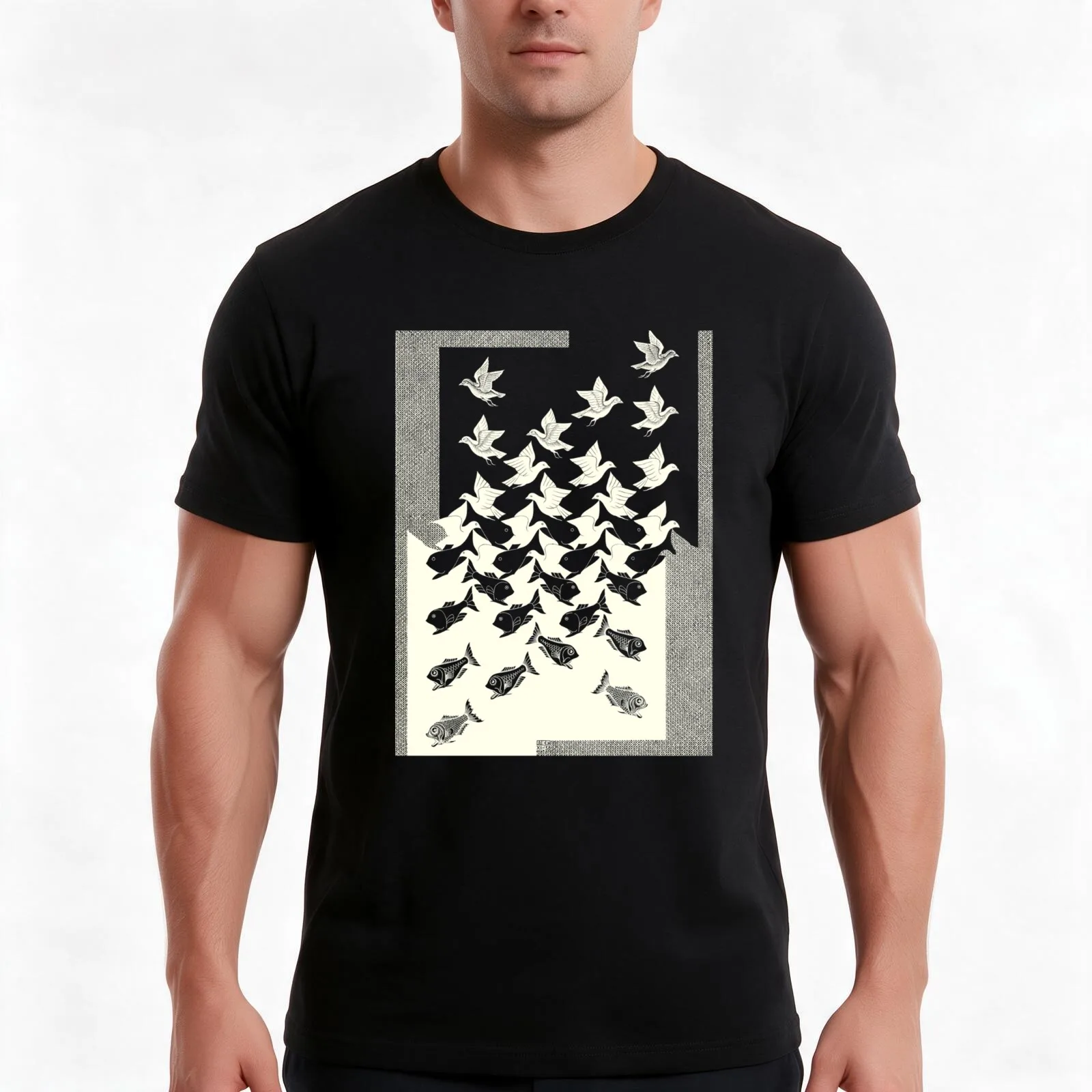 M.C. Escher - Sky And Water II 1938 [Dark Background] T-Shirt Summer Casual Cotton Tee Oversized Streetwear Tops 100% Cotton