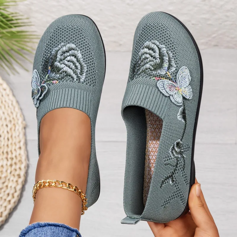 

Women's Non Slip Knit Sneakers Floral Embroidery Breathable Mesh Slip on Shoes Soft Lightweight Casual Walking Loafers for Women