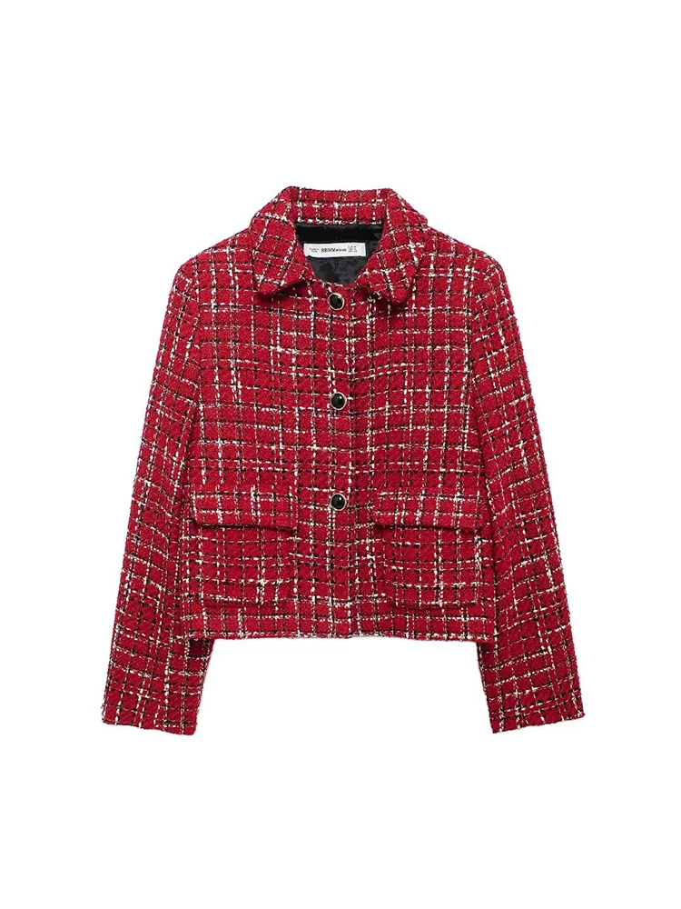 SIYANG Women Fashion Chic Red Tweed Jacket With Should Pads Female Pockets Buttoned Short Coat Ladies Casual Streetwear