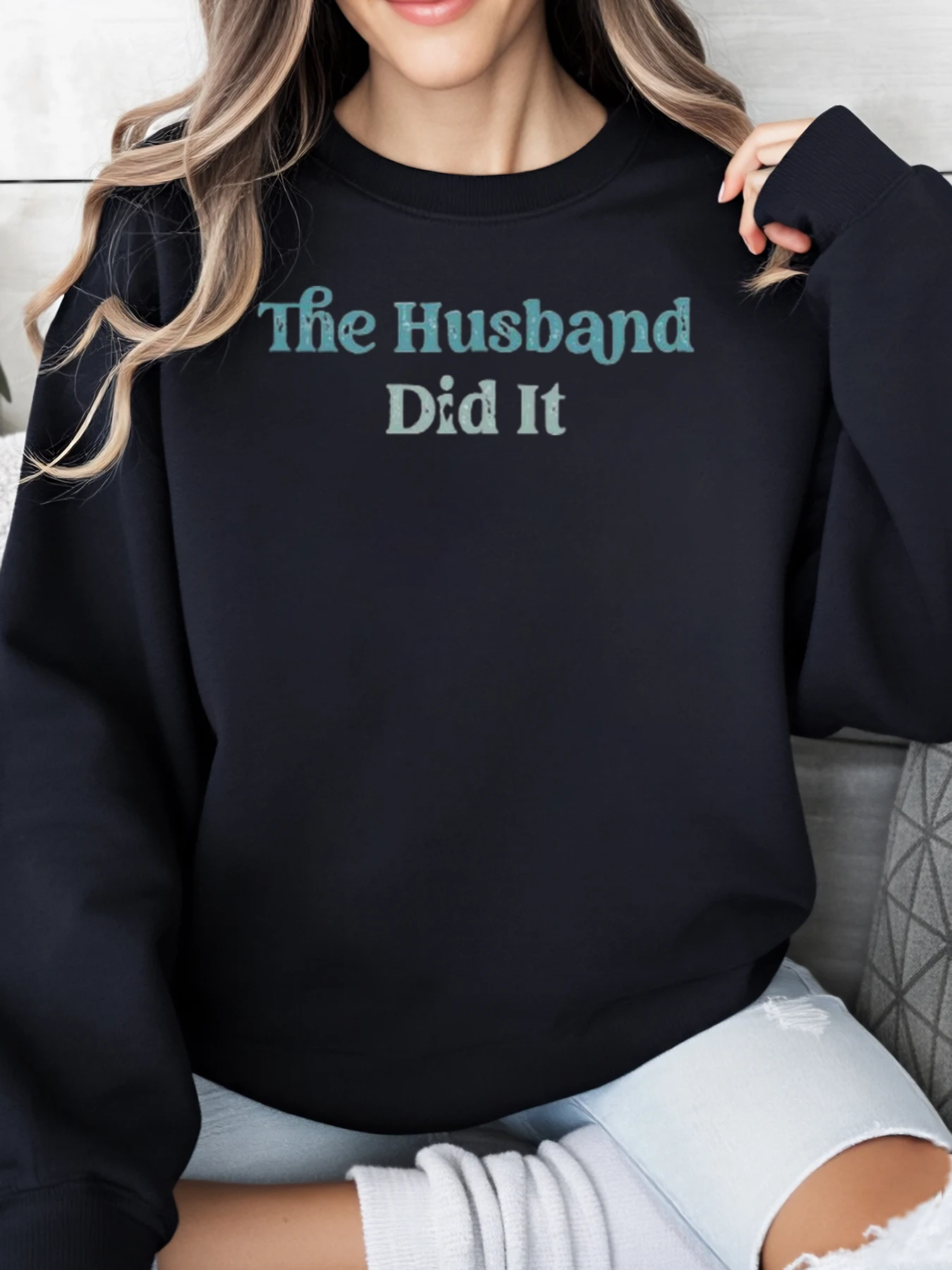 The Husband Did It 프린트 스웨트셔츠 할로윈 여성 캐주얼웨어 홈 파티 블랙 플러스 사이즈