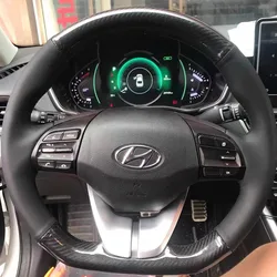 For Hyundai Elantra 4 2016-2019 Ioniq 2017-2019 Hand Stitched Non-Slip Carbon Fibre Genuine Leather Car Steering Wheel Cover