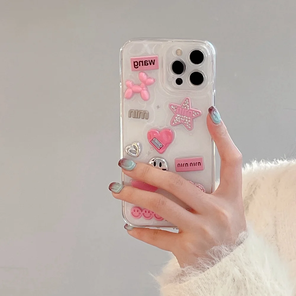 Cute 3D Love Heart Y2K Star Spicy Girl Phone Case For iPhone 15 14 13 11 12 Pro Max Epoxy Transparent Soft Shockproof Cover