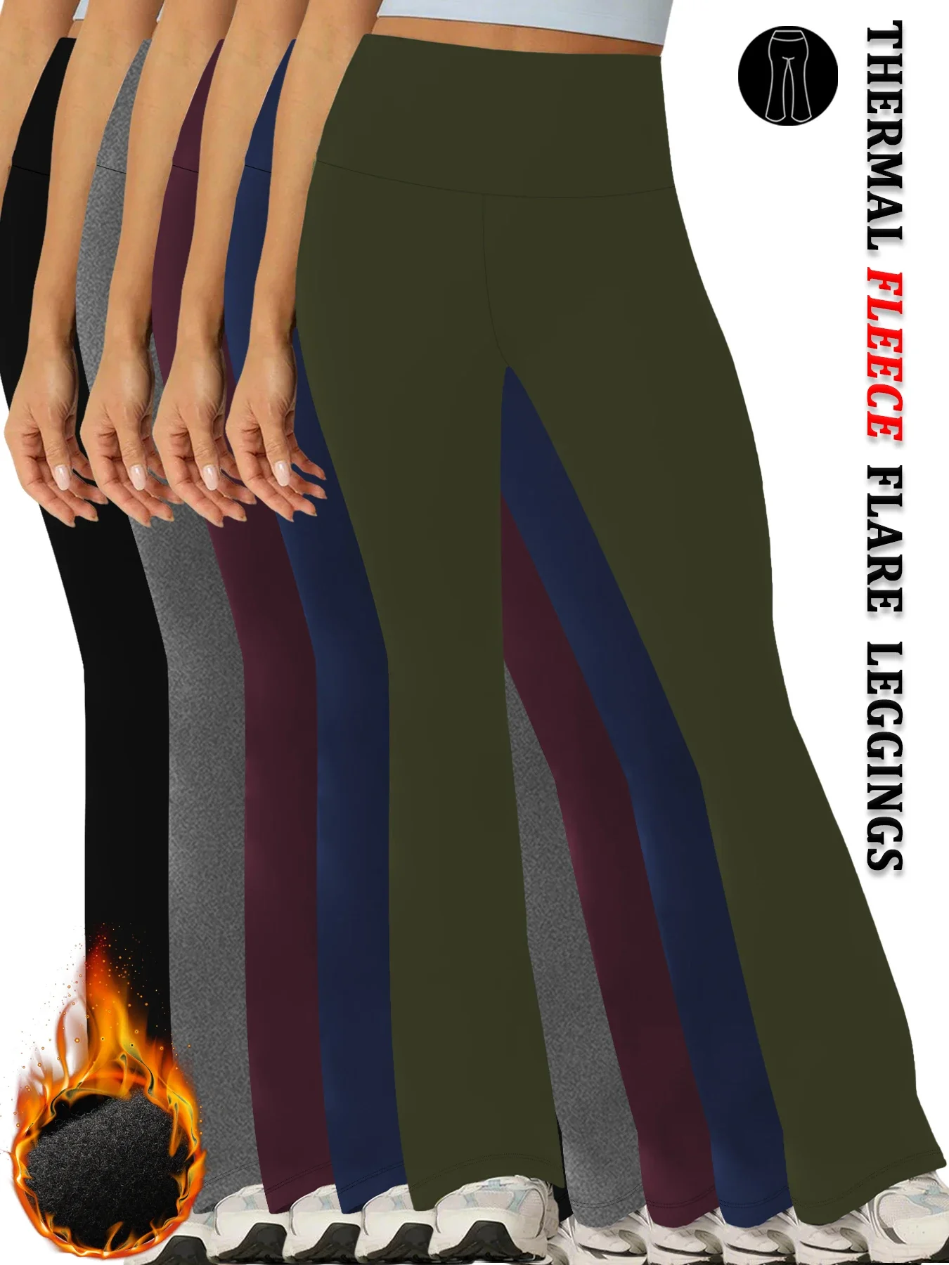 女性用スーパーソフトハイウエストフリースフレアレギンス5枚パック。 おなかコントロール ソフト ブートレッグ ブーツカット パンツ